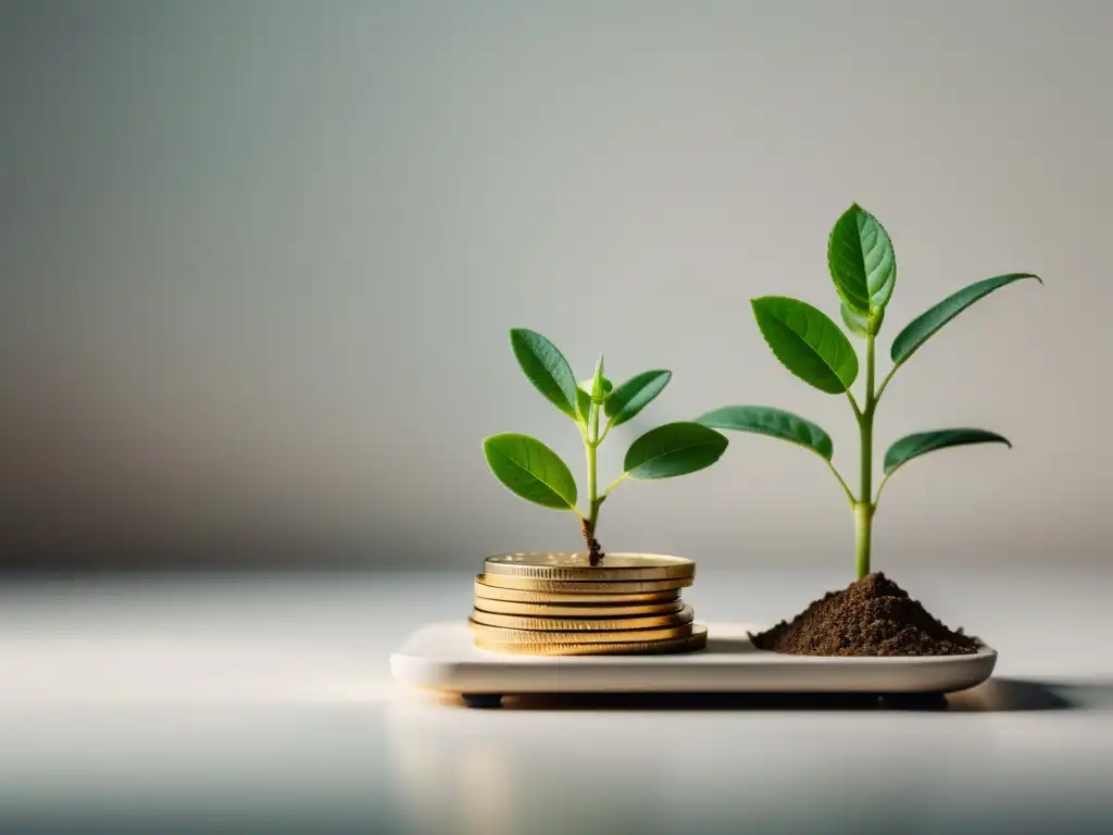 Imagen de una balanza sosteniendo monedas y una planta, simbolizando riesgo financiero y crecimiento estratégico