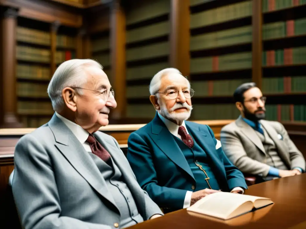 Imagen 8k de Ludwig von Mises, Friedrich Hayek y Carl Menger en biblioteca, reflejando la influencia de la Escuela Austriaca de Economía