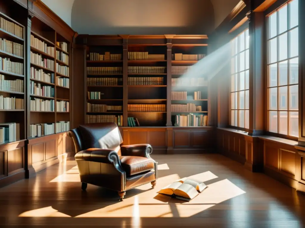 Imagen en 8k de una biblioteca serena y soleada, llena de libros clásicos de economía, con una silla de cuero en el centro