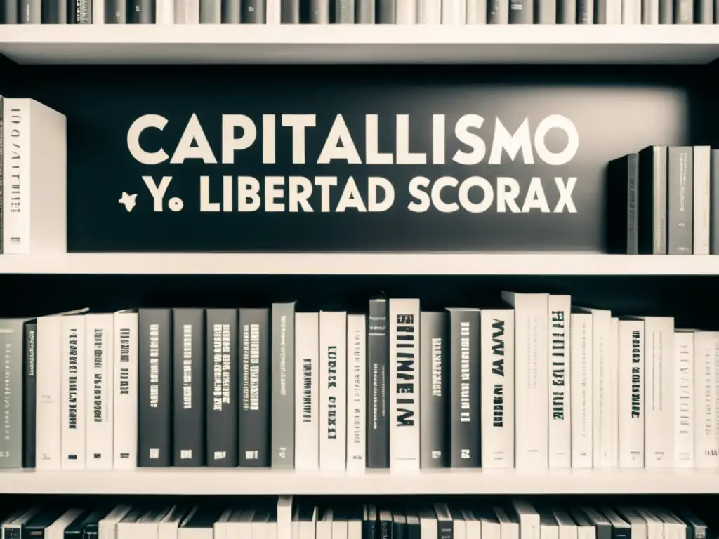 Imagen en blanco y negro de una estantería con 'Capitalismo y Libertad' de Milton Friedman destacado