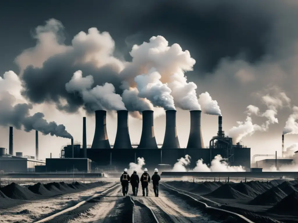 Desgaste laboral en la fábrica: ilustración en blanco y negro Imagen en blanco y negro de una fábrica rodeada de trabajadores exhaustos y un paisaje árido, ilustrando la visión austriaca de la innovación tecnológica