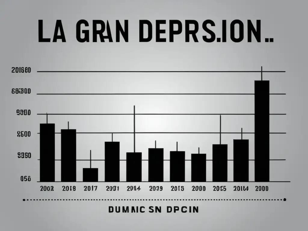 Imagen en blanco y negro con una gráfica que muestra la dramática caída de indicadores económicos durante la Gran Depresión, con el título 'Teoría del Dinero en la Gran Depresión' en una elegante fuente serif