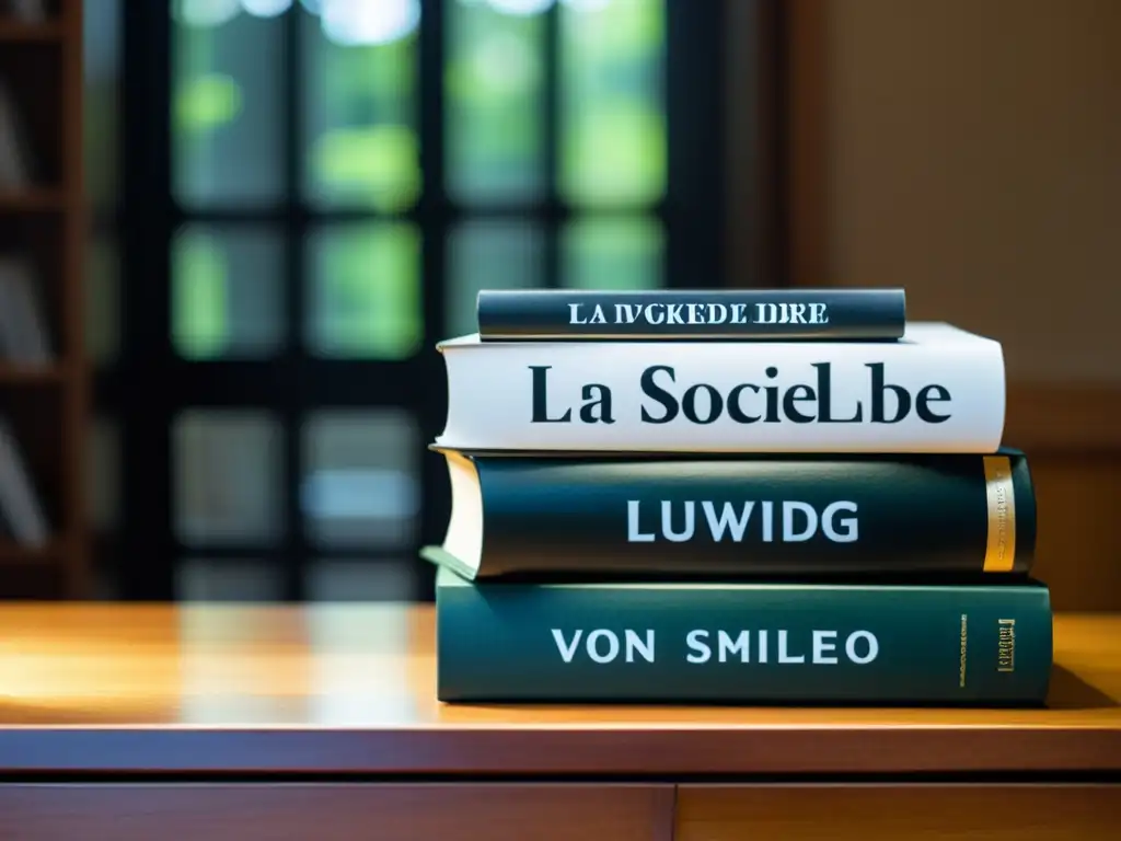 Imagen en blanco y negro de libros apilados con 'La Sociedad Libre' de Ludwig von Mises en el lomo, en un escritorio de madera con luz solar