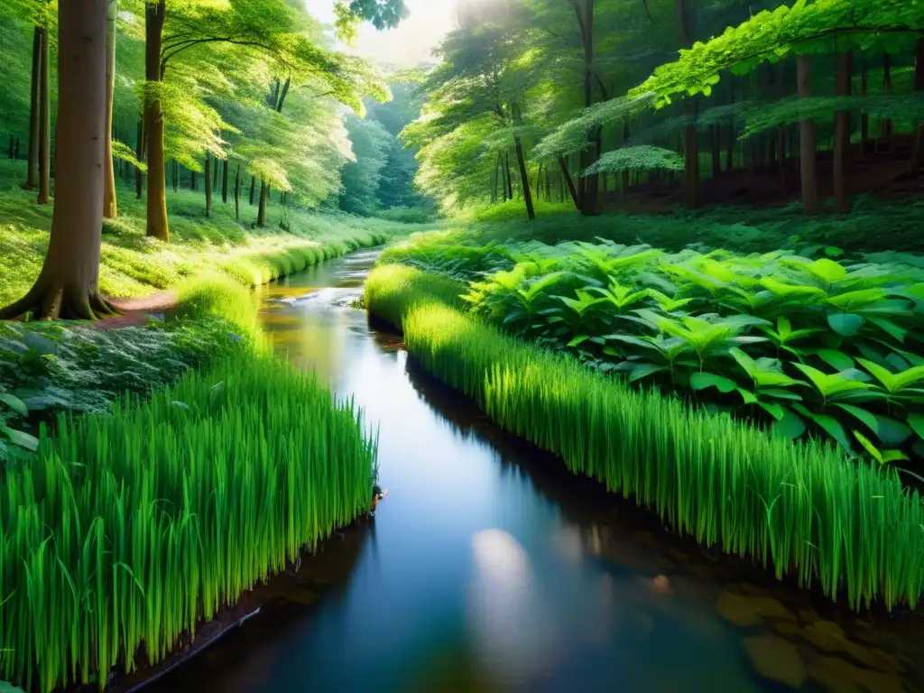 Bosque sereno: luz solar entre hojas, arroyo tranquilo Imagen de un bosque exuberante y sereno con luz solar filtrándose entre las hojas, creando sombras