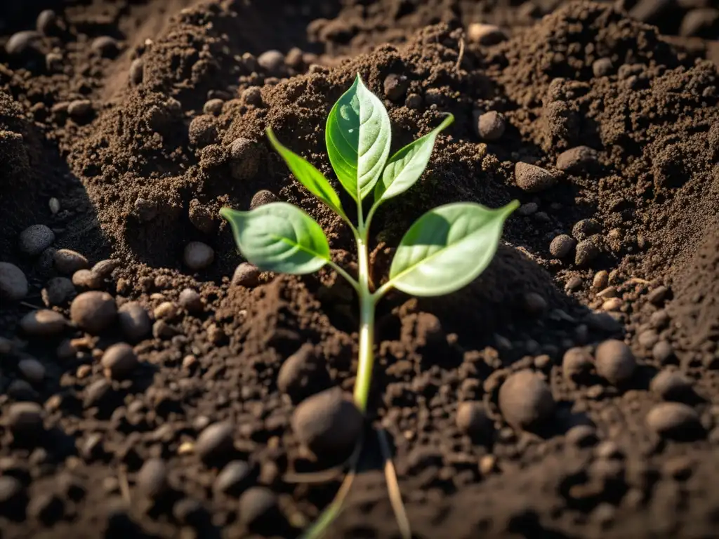 Imagen de un brote verde vibrante emergiendo de la tierra oscura, evocando la empresarialidad en economía con su innovación natural