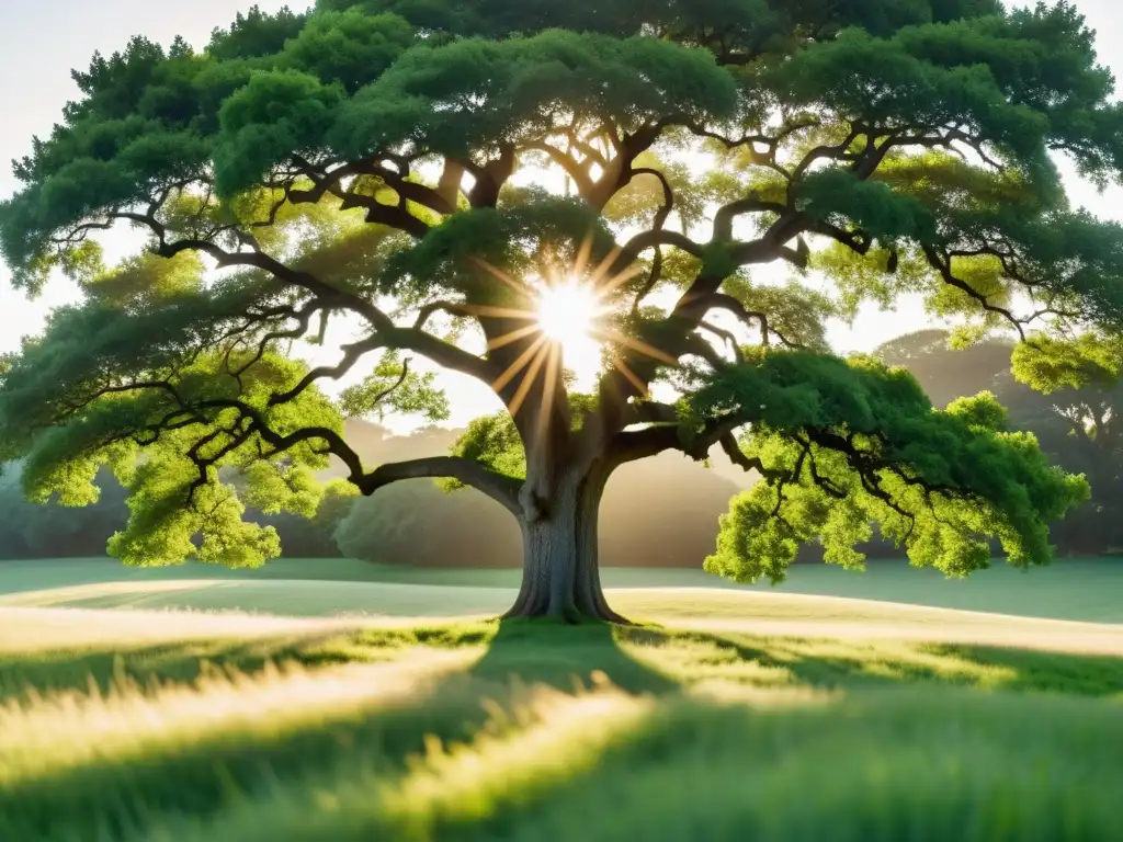 Imagen de un campo exuberante con un majestuoso roble y luz dorada