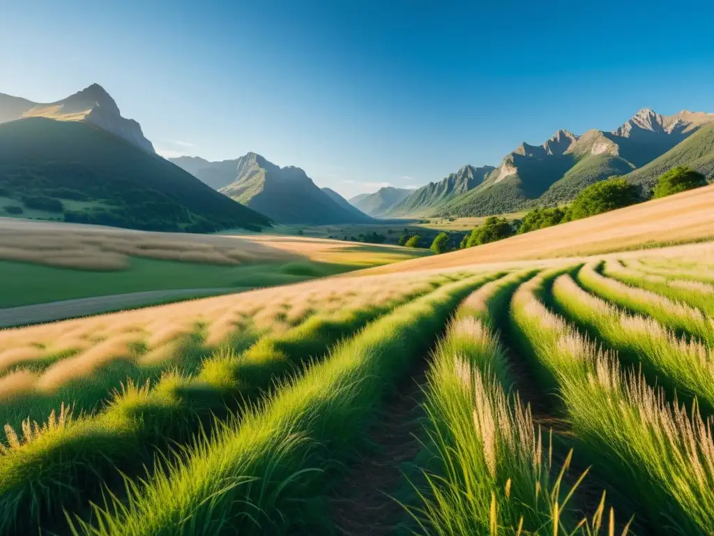 Imagen 8k de un campo sereno con montañas altas bajo el cielo azul