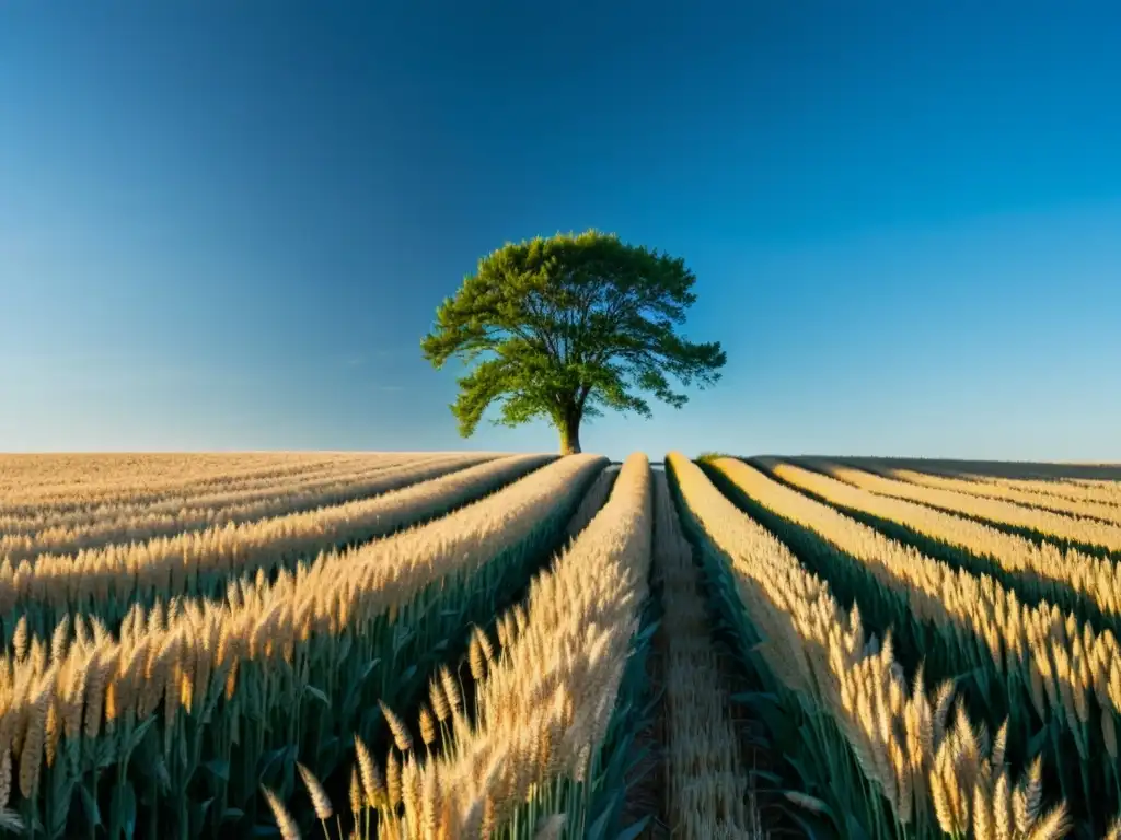 Imagen de un campo de trigo bañado por el sol con un árbol solitario en la distancia, transmite serenidad y vastedad