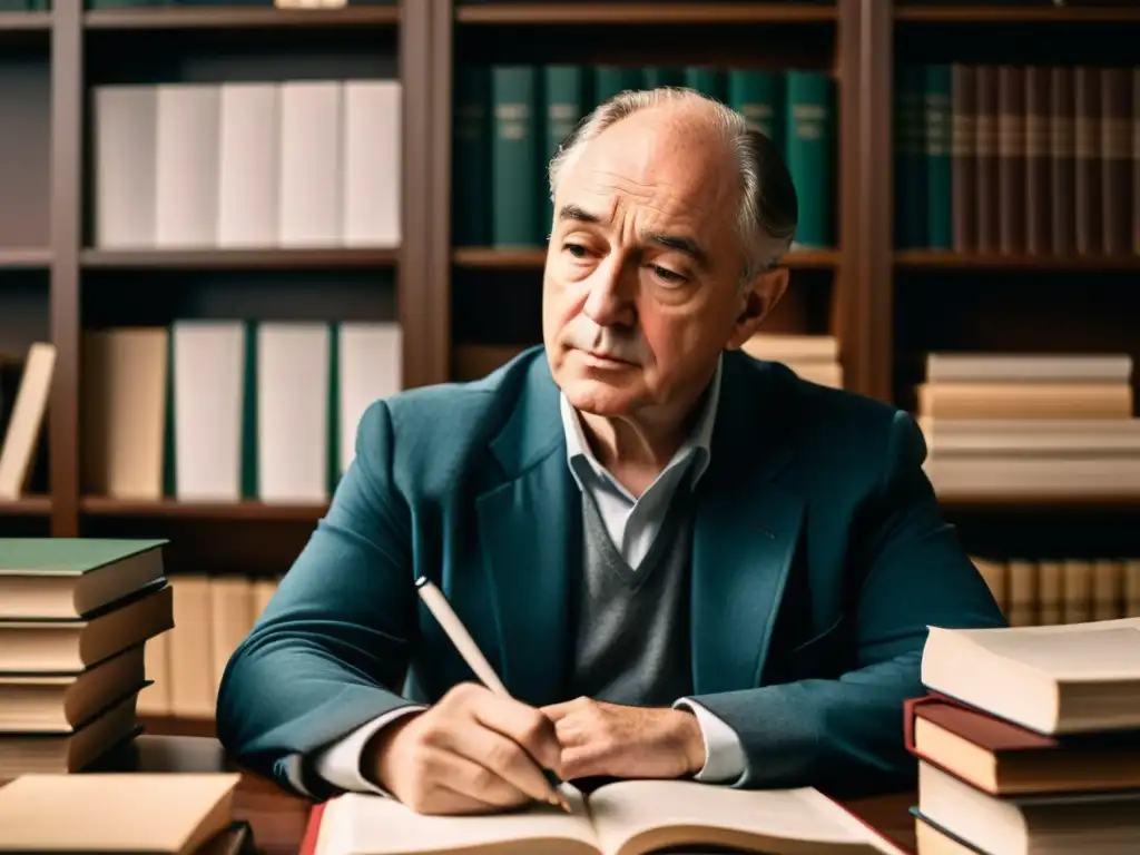 Imagen 8k de Henry Hazlitt concentrado en su escritorio rodeado de libros de economía, reflejando su crítica a la intervención estatal en precios