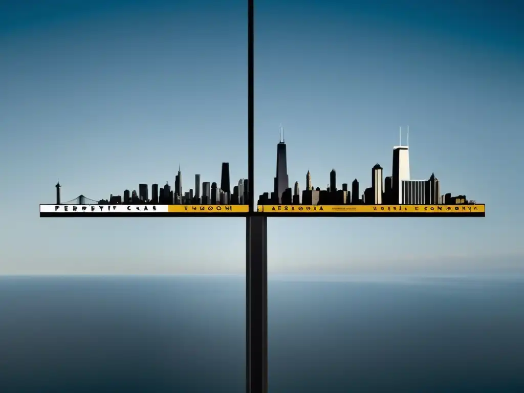 Imagen detallada en 8k de una balanza minimalista que representa el rol del Estado en la economía, con las palabras 'Perspectivas Austriacas' y 'Perspectivas Chicagoanas