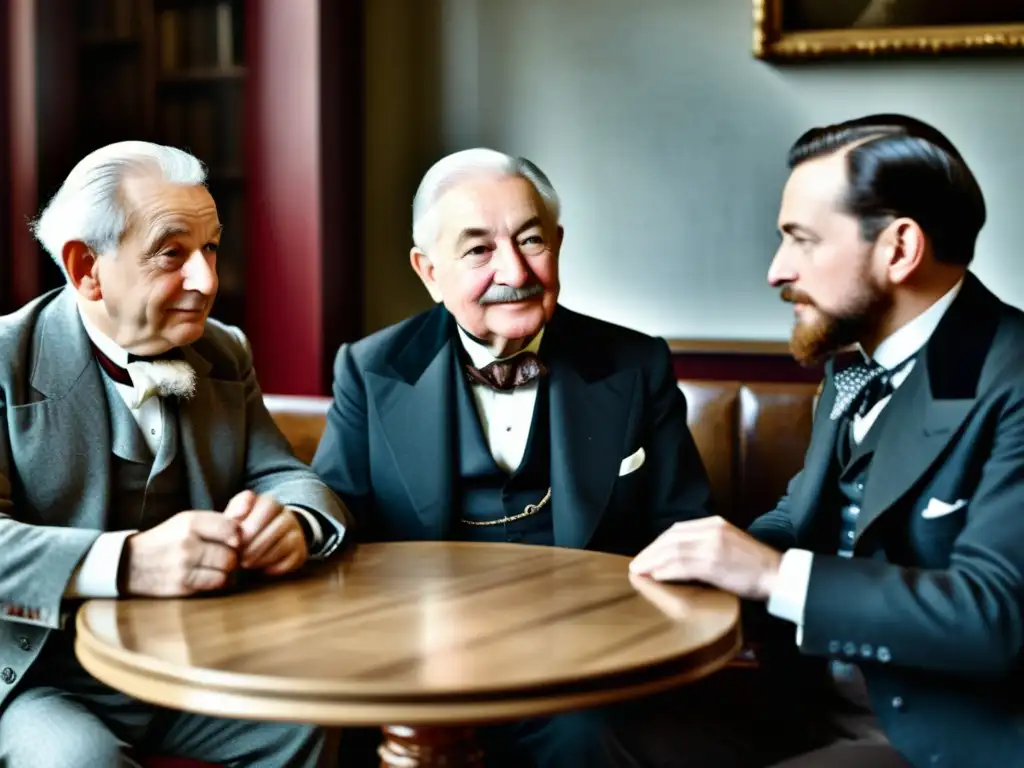 Imagen detallada en blanco y negro de Ludwig von Mises, Carl Menger y Friedrich von Wieser debatiendo en una cafetería vienesa del siglo XIX