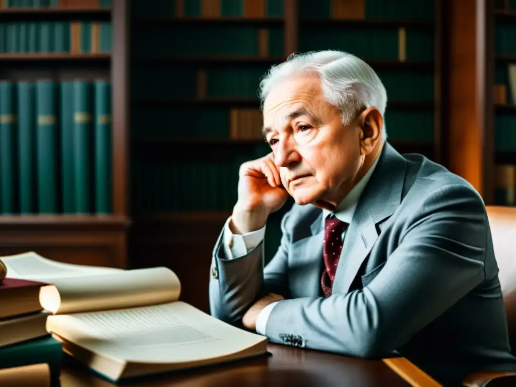 Imagen detallada de Ludwig von Mises en su escritorio, inmerso en pensamientos, rodeado de libros y papeles