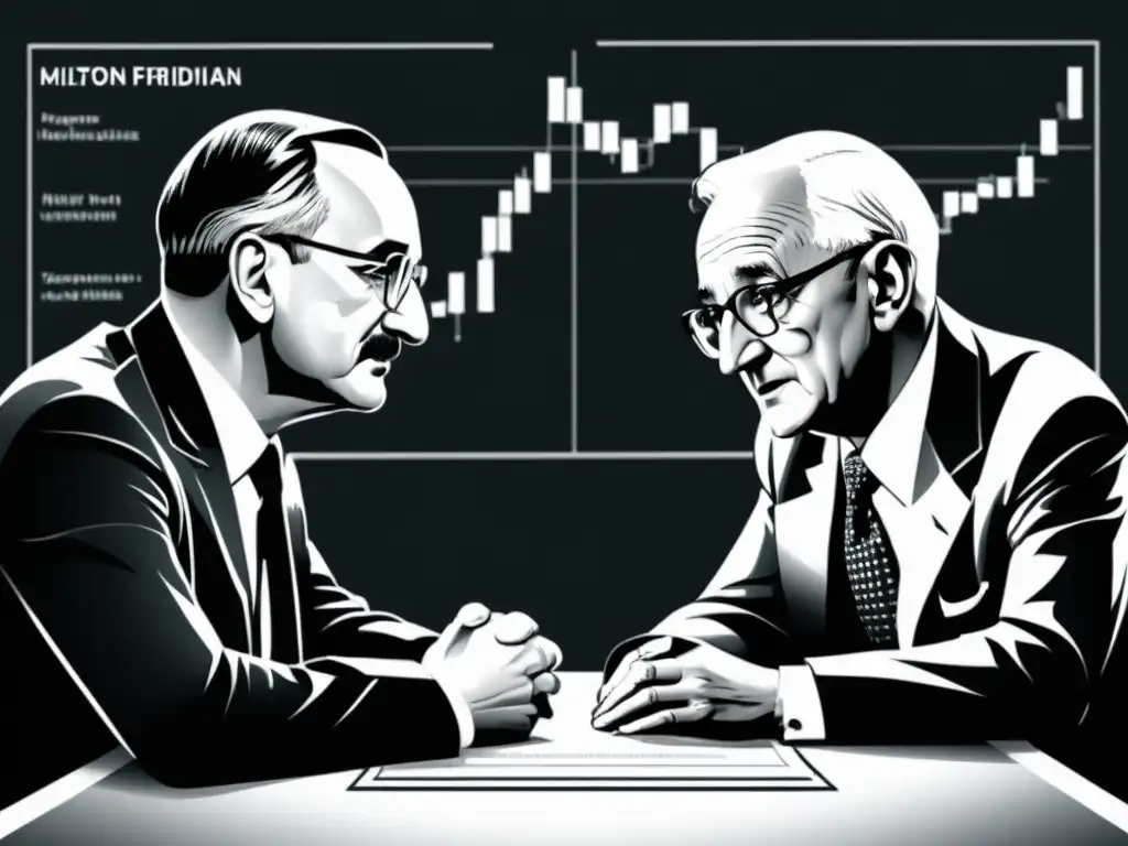 Imagen detallada en 8k de Hayek y Friedman en intensa discusión sobre libertad económica en ilustración minimalista en blanco y negro