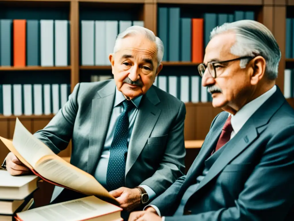 Imagen detallada en 8k de Ludwig von Mises y Friedrich Hayek discutiendo en una oficina moderna, rodeados de libros de teoría económica