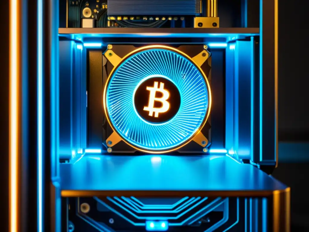 Una imagen detallada de un potente equipo de minería de criptomonedas, iluminado por un suave resplandor LED azul