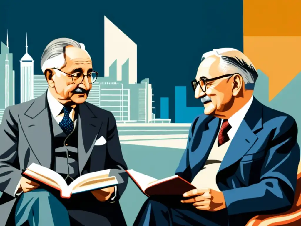 Imagen detallada de Ludwig von Mises y Friedrich Hayek debatiendo rodeados de libros y gráficos, con una ciudad de fondo