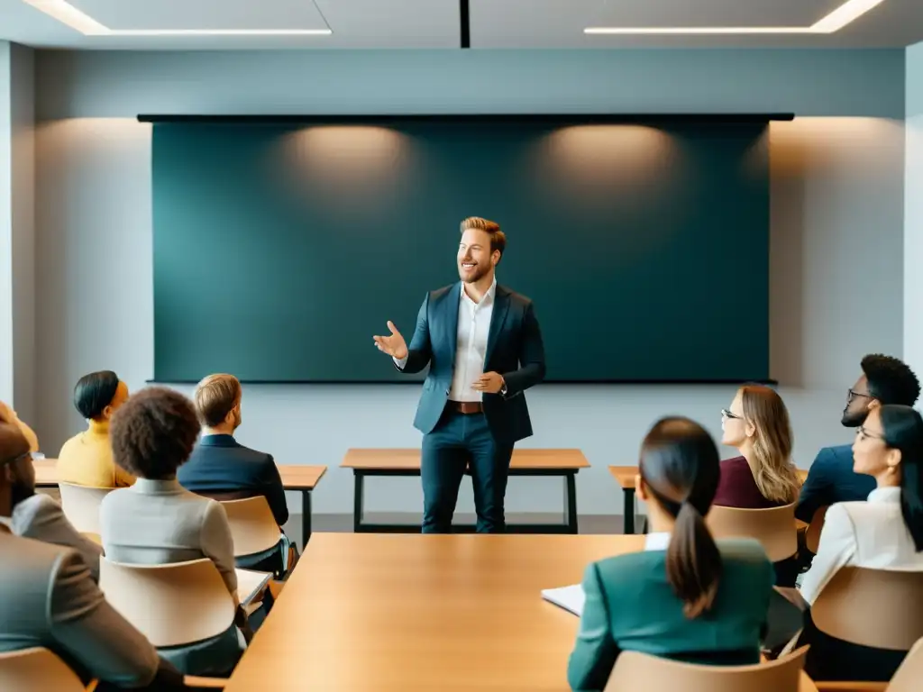 Imagen 8k detallada de una sala de clases con la intuición de inversión Escuela Austriaca, el orador y oyentes comprometidos