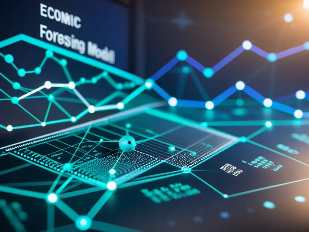 Una imagen detallada de un sofisticado modelo de predicción económica austriaca, con intrincados caminos y nodos interconectados que representan diversos indicadores y variables económicas