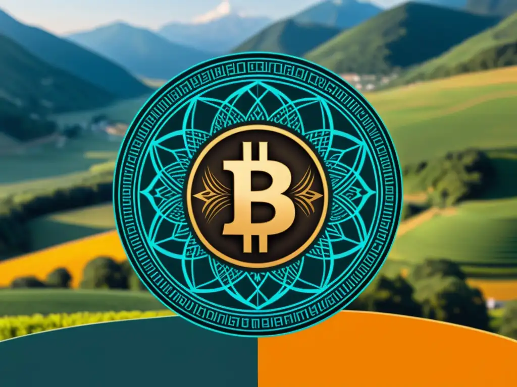 Imagen digital minimalista de un Bitcoin en un paisaje austriaco, fusionando criptomonedas con la perspectiva de la Escuela Austriaca