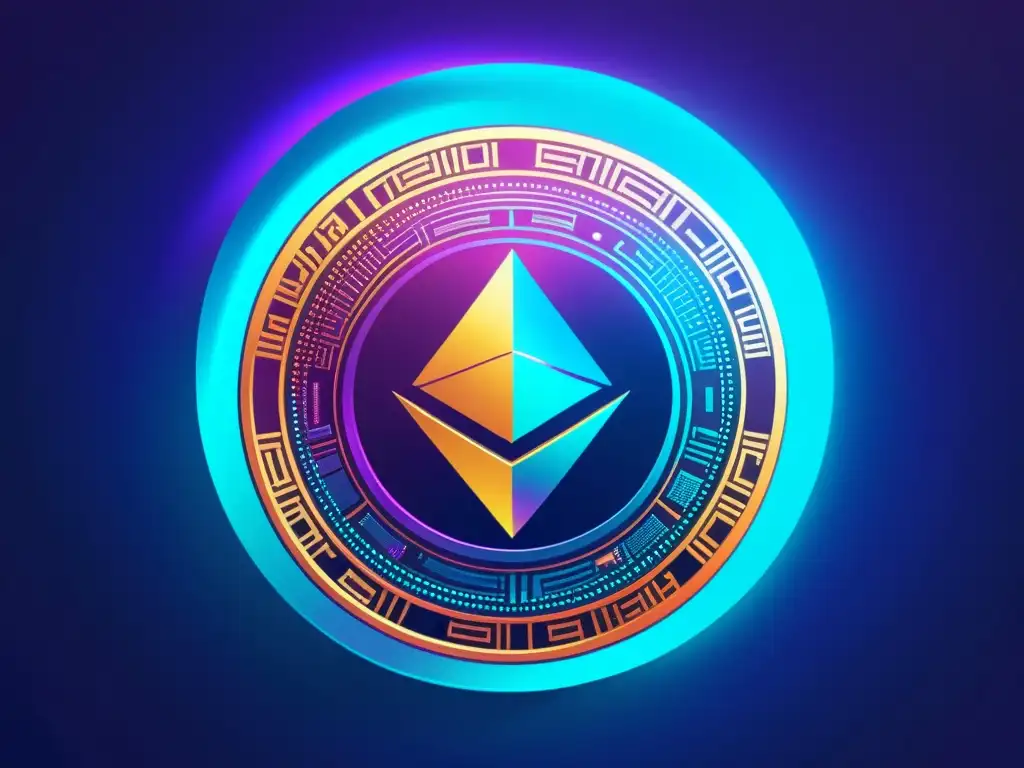 Moneda criptográfica futurista: arte digital minimalista Imagen digital de moneda criptográfica futurista rodeada de códigos binarios y símbolos, evolución del dinero a criptoactivos