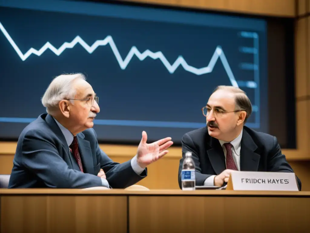 Imagen de duelo de titanes de los ciclos económicos, con Hayek y Keynes debatiendo en una sala llena de economistas