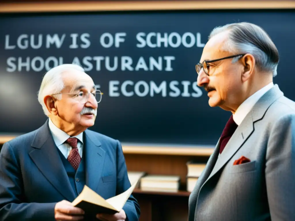 Imagen de Ludwig von Mises y Friedrich Hayek discutiendo en la Escuela Austriaca de Economía, rodeados de libros y papeles