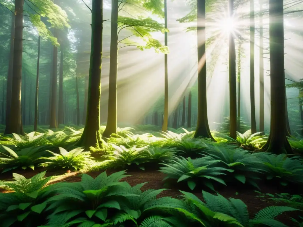 Imagen de un exuberante bosque verde con luz solar filtrándose entre el dosel, creando sombras moteadas en el suelo