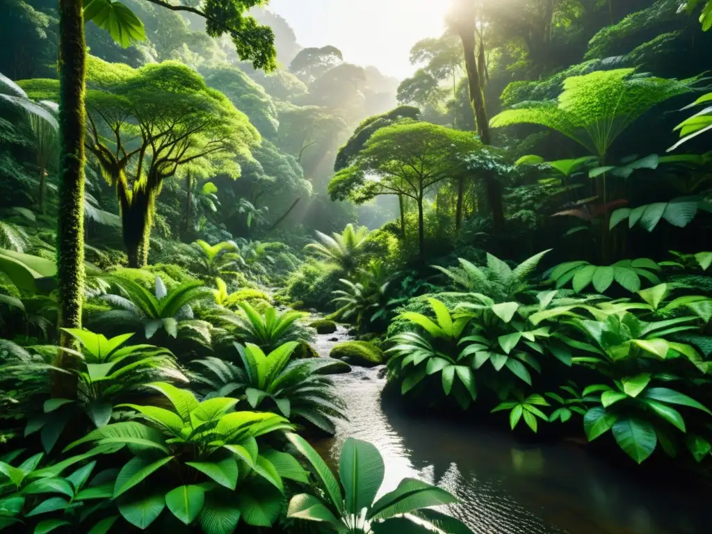 Imagen de un exuberante y vibrante bosque lluvioso con una diversa vegetación verde y un sereno arroyo