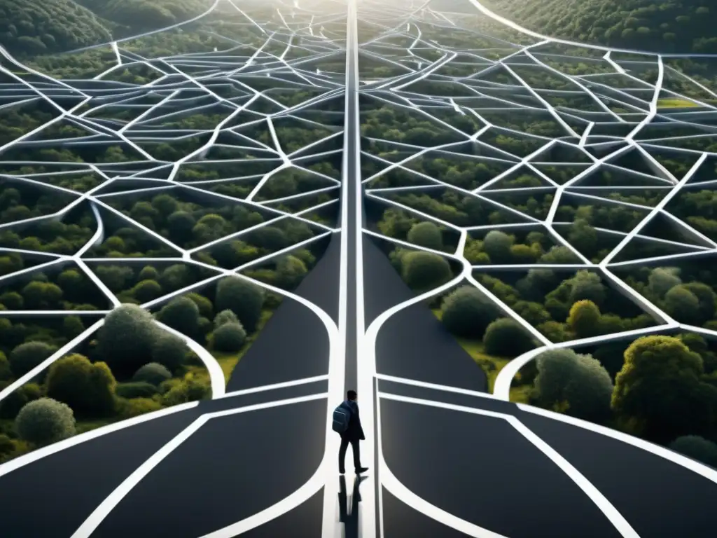 Explorador solitario en intrincado entramado de caminos y senderos Imagen 8k de una figura solitaria en una red intrincada de caminos, simbolizando el individualismo metodológico en la Escuela Austriaca