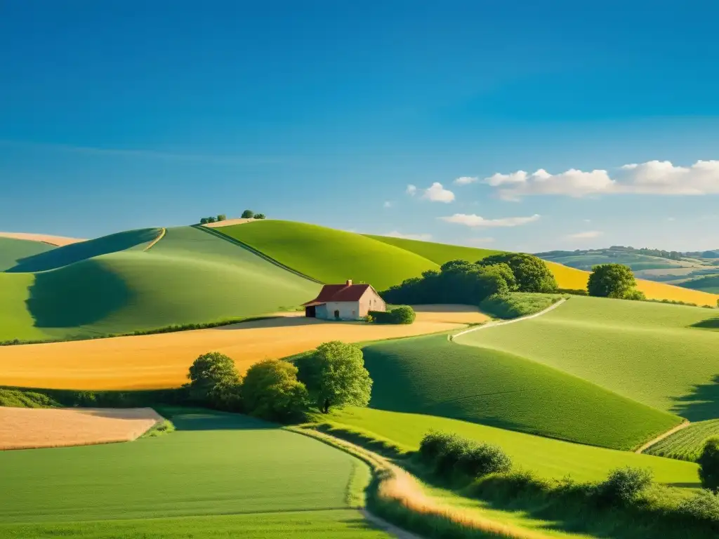 Imagen idílica de campos verdes y granja bajo cielo azul