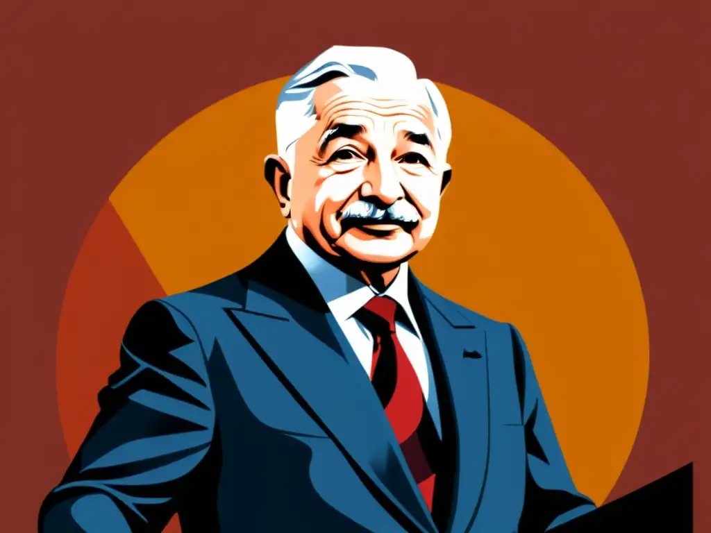 Imagen impactante de Ludwig von Mises dando un apasionado discurso por la libertad económica, con determinación y liderazgo