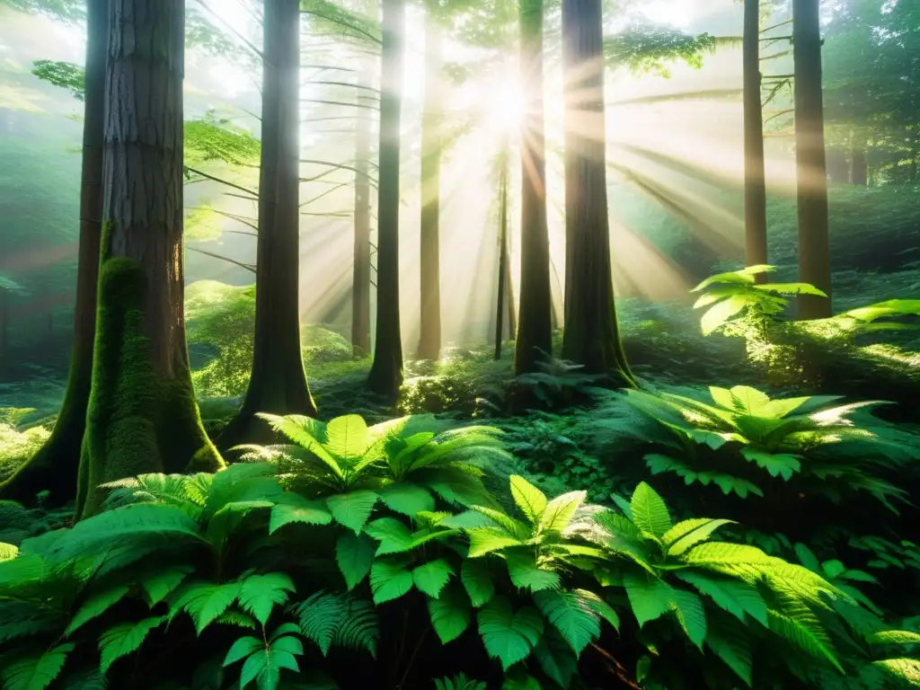 Imagen impactante de un exuberante bosque con luz solar filtrándose entre el dosel