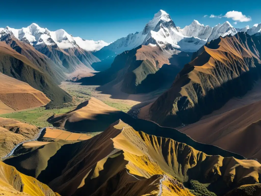 Imagen impactante de la impacto Escuela Austriaca Perú: picos montañosos, valles profundos y contrastes de luz y sombra en los Andes peruanos