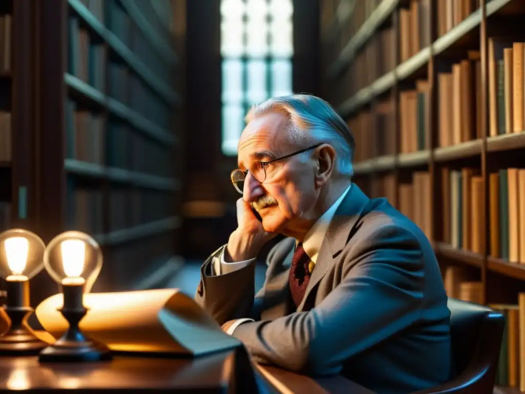 Imagen impactante de Friedrich Hayek inmerso en una batalla intelectual, rodeado de libros en una biblioteca grandiosa