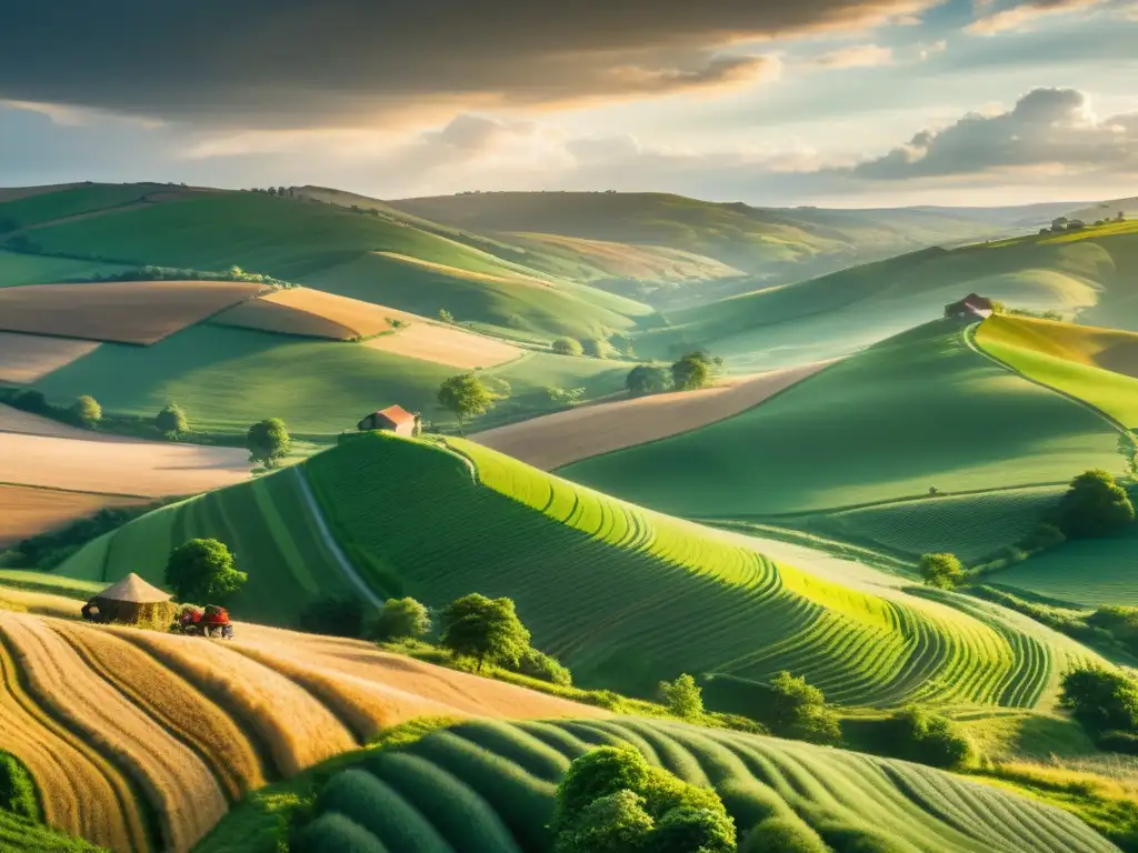 Imagen impactante de reforma agraria Escuela Austriaca: paisaje rural con colinas, campos verdes y granjeros trabajando en armonía con la naturaleza