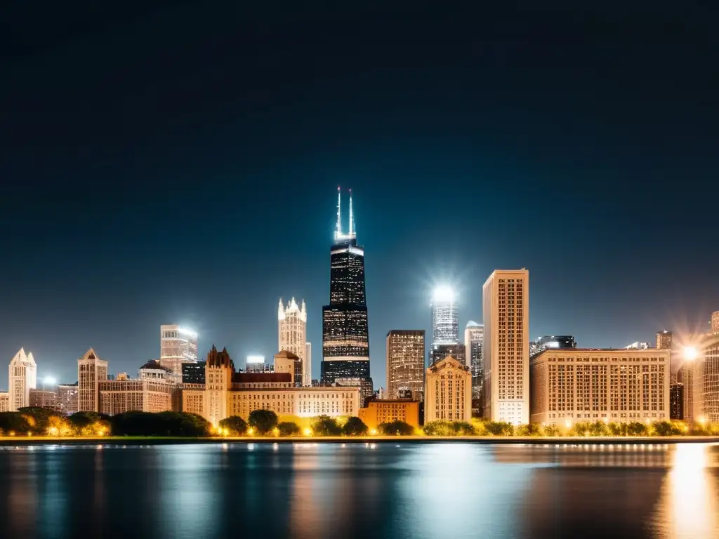 Imagen impactante del skyline de Chicago de noche, mostrando su poder económico y modernidad