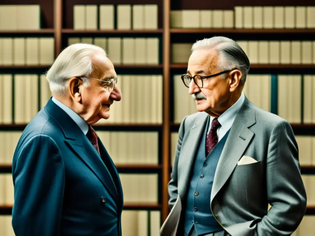 Imagen de Ludwig von Mises y Friedrich Hayek inmersos en una discusión profunda, rodeados de libros y gráficos económicos