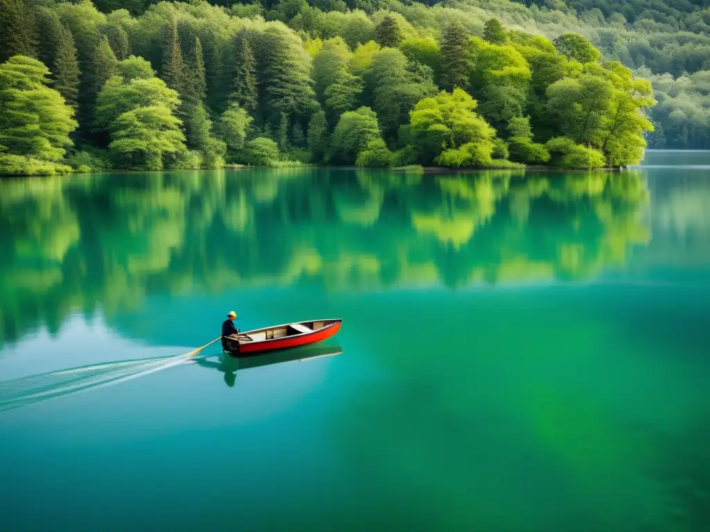 Imagen de un lago sereno rodeado de árboles verdes, con un bote y reflejos nítidos, evocando calma en la naturaleza