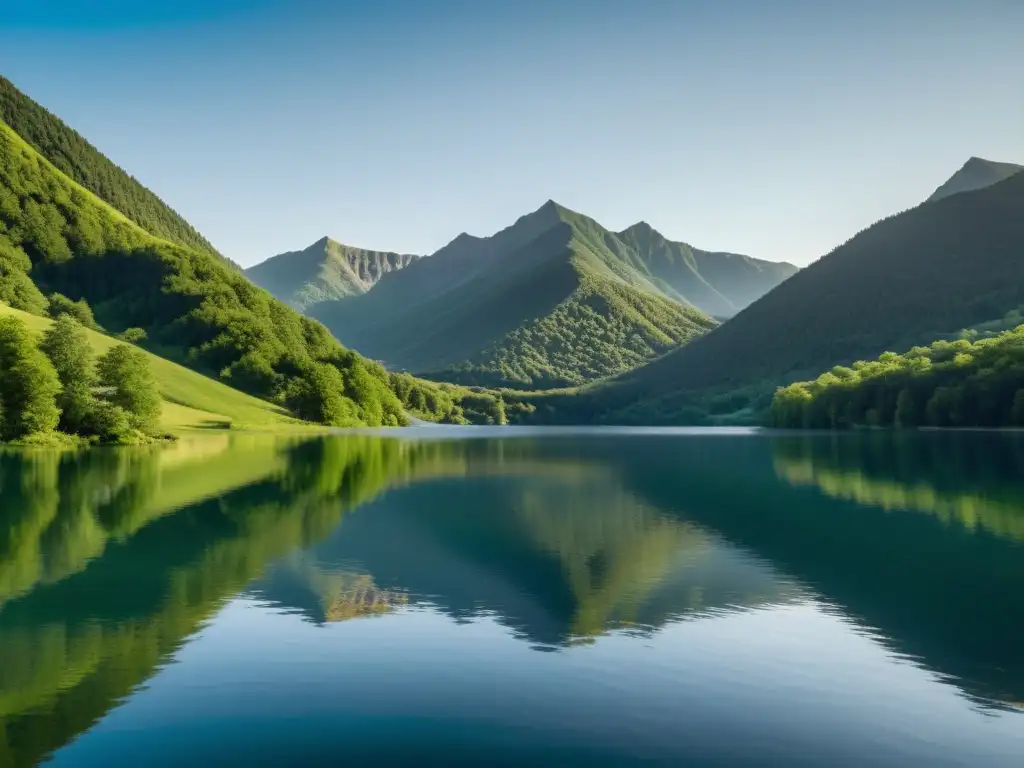 Imagen de un lago sereno rodeado de montañas verdes, con un cielo azul y el sol poniéndose