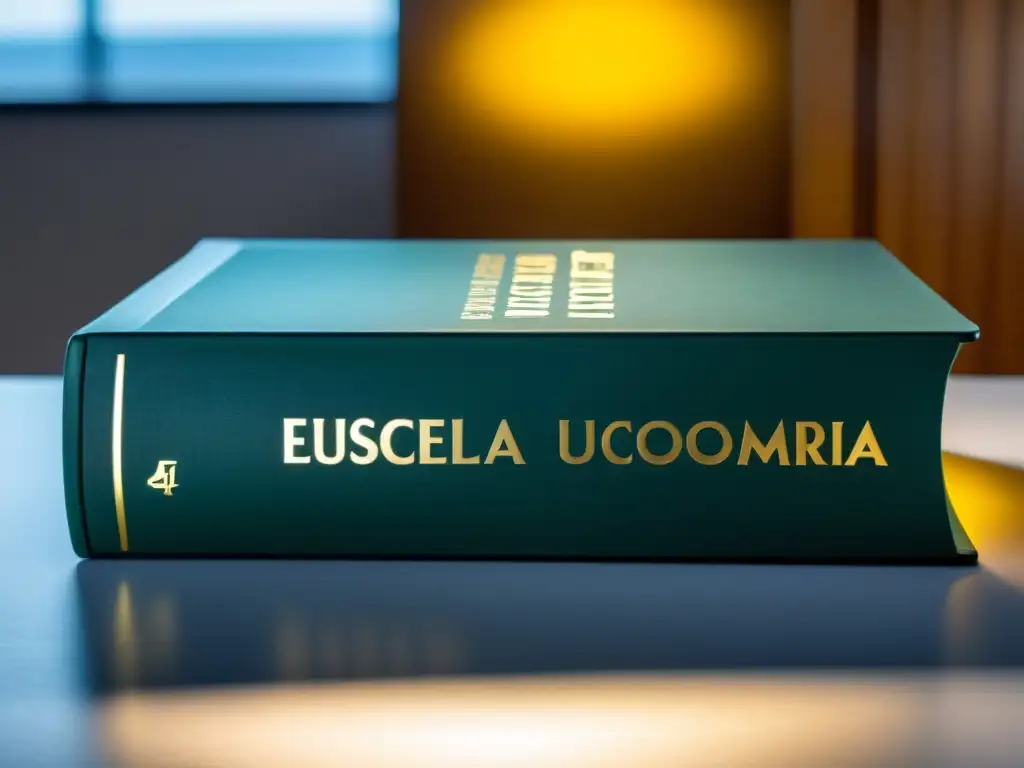 Una imagen de un libro antiguo, con el título 'Escuela Austriaca de Economía', en contraste con un escritorio moderno, iluminado por un rayo de luz