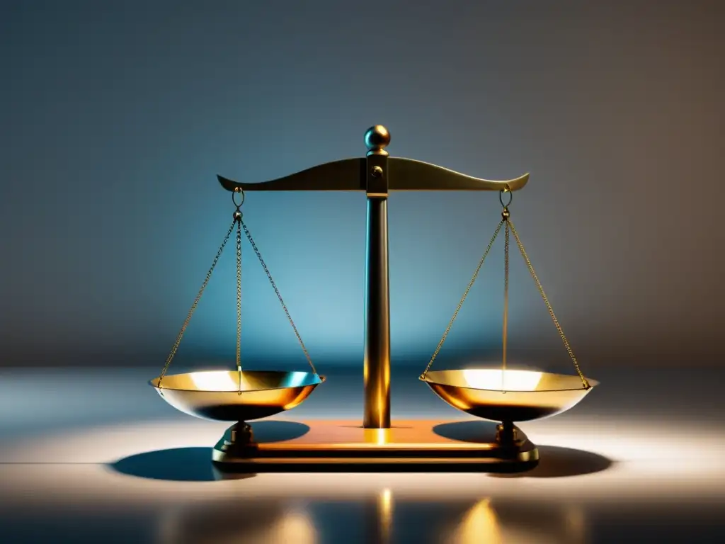 Equilibrio de derechos de propiedad intelectual en la Escuela Austriaca Una imagen minimalista y de alta resolución de una balanza con luz, simbolizando el equilibrio de la propiedad intelectual en la Escuela Austriaca