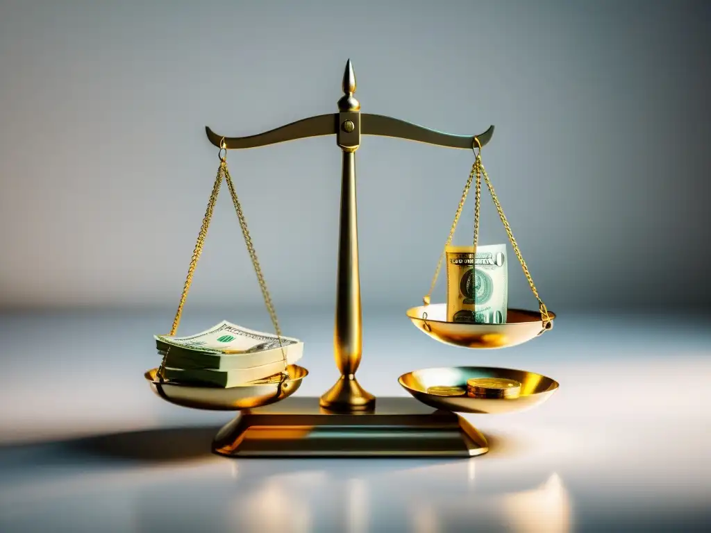 Equilibrio financiero: dinero versus inflación Una imagen minimalista de una balanza perfectamente equilibrada con dinero en un lado y un gráfico de inflación en ascenso en el otro