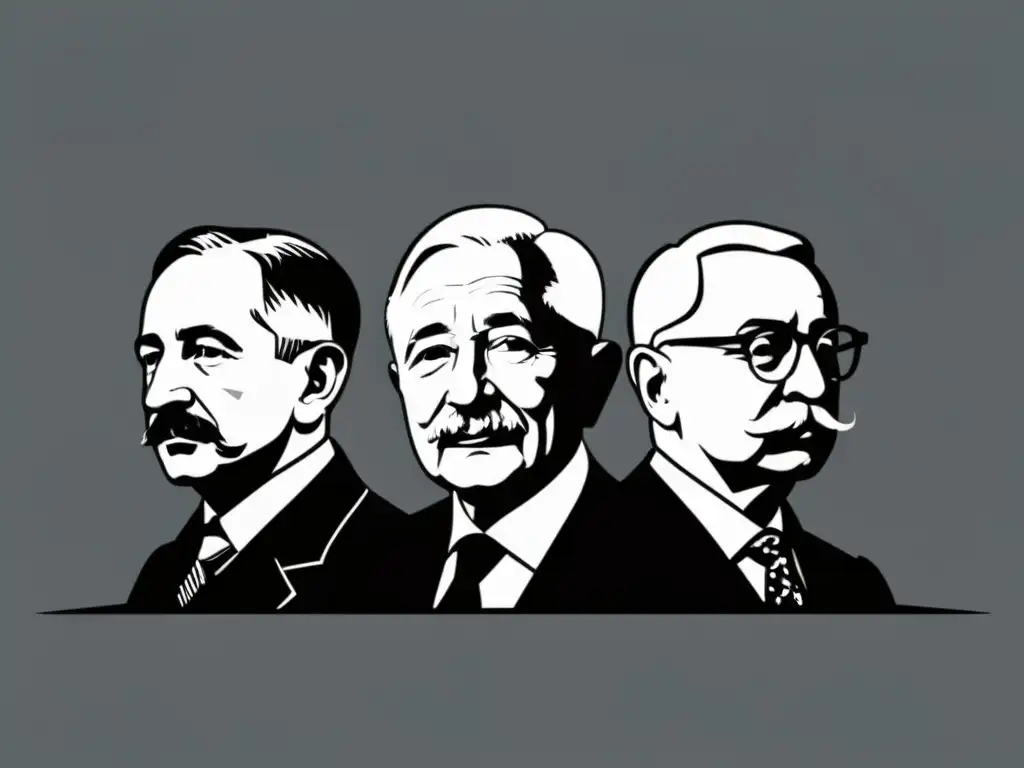 Imagen minimalista de figuras influyentes de la Metodología Austriaca en la práctica, como Ludwig von Mises y Friedrich Hayek, en blanco y negro