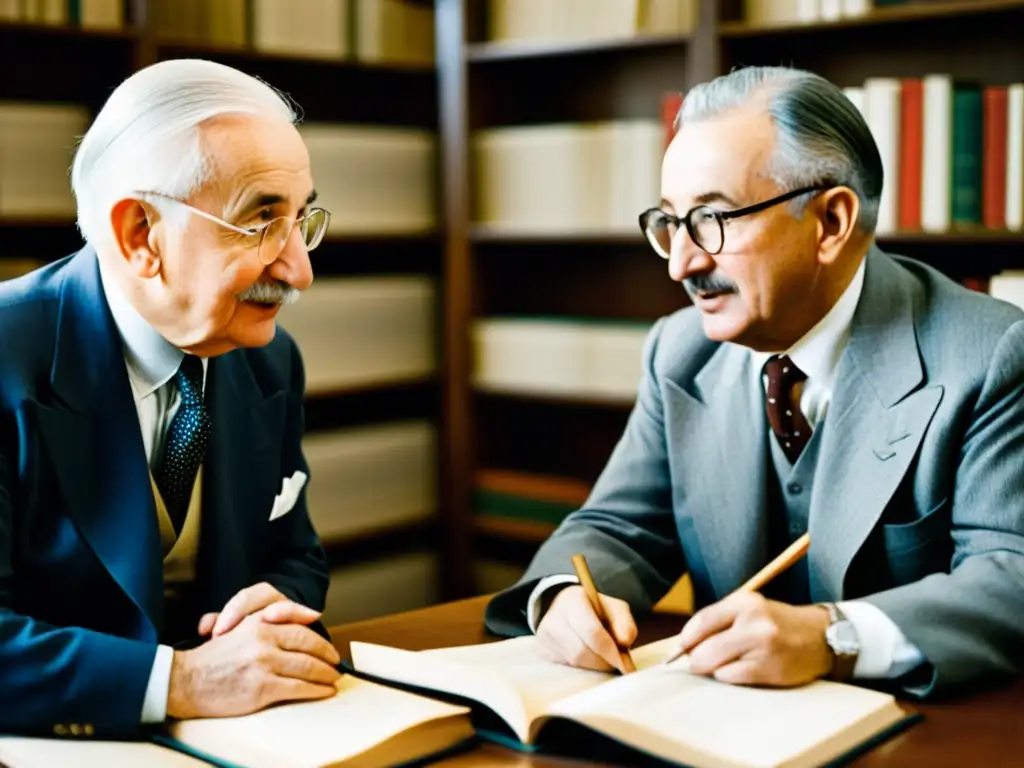 Imagen de Mises y Hayek inmersos en profunda discusión sobre crítica intervención estatal economía, rodeados de libros y papeles