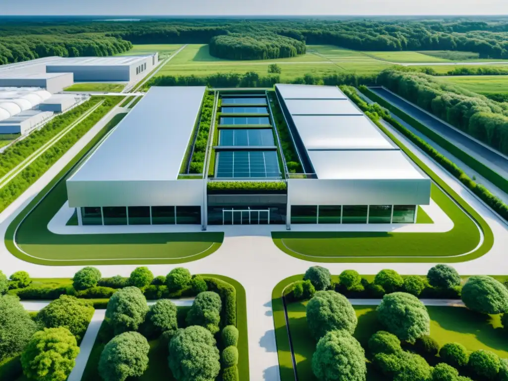 Imagen 8k de una moderna fábrica industrial, con arquitectura geométrica, rodeada de vegetación