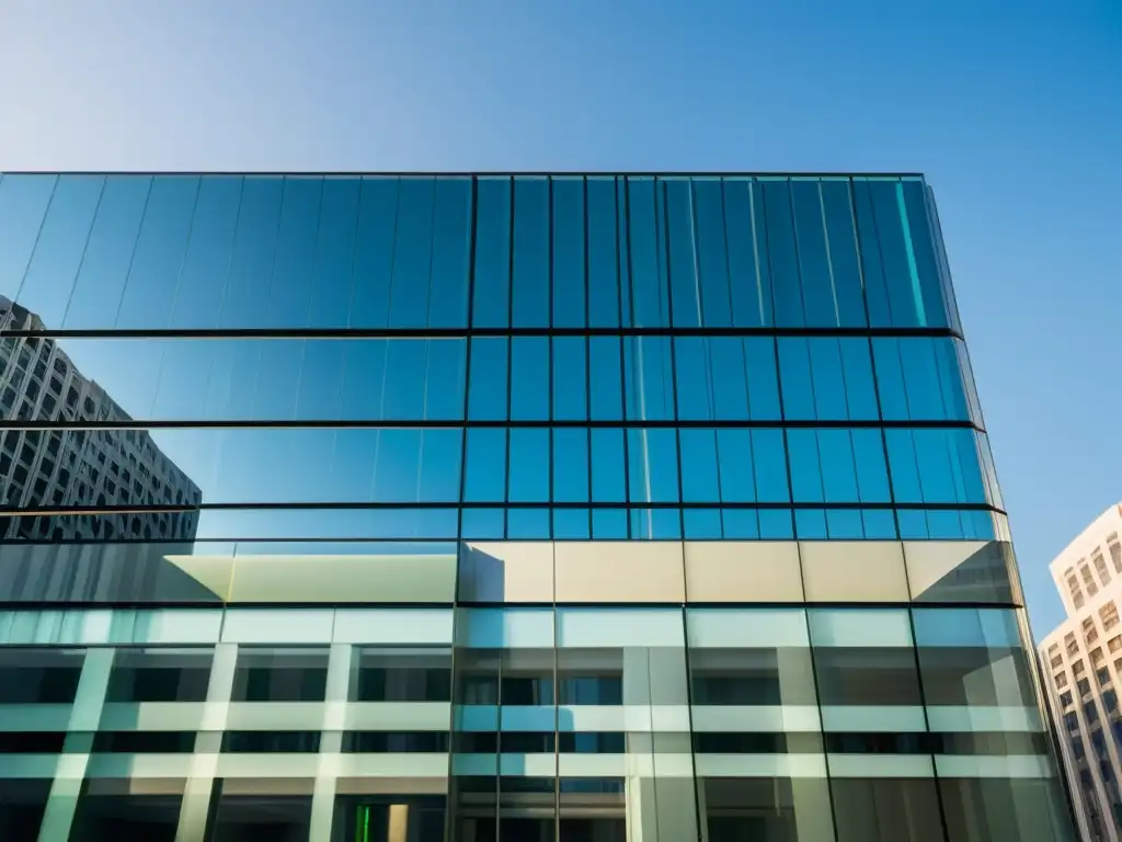 La imagen muestra un moderno edificio bancario en una bulliciosa ciudad, con una fachada de vidrio y líneas elegantes