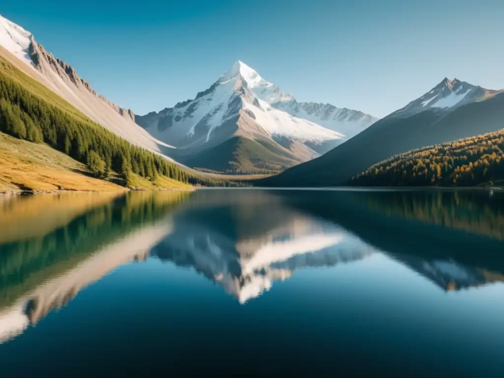 Imagen de un paisaje montañoso expansivo y sereno con un lago cristalino reflejando picos nevados