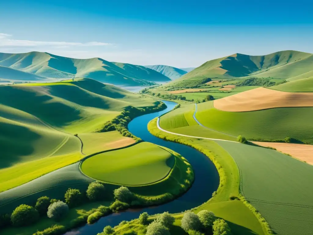 Imagen en 8k de paisaje rural sereno con colinas verdes, río sinuoso y cielo azul