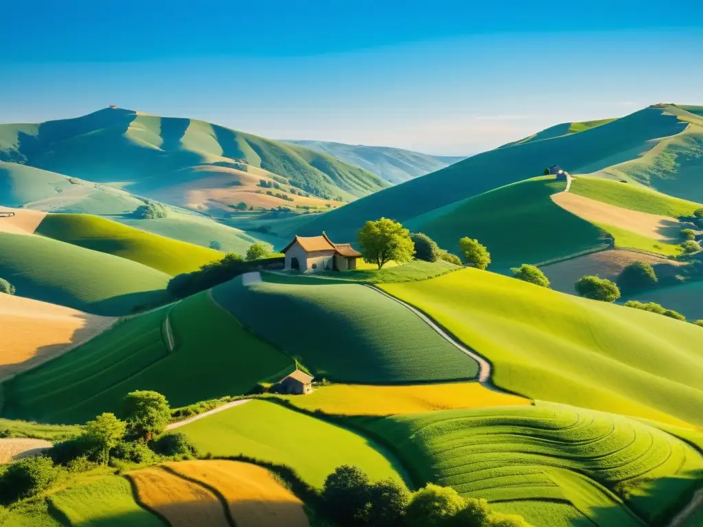 Imagen de un paisaje sereno y minimalista con colinas, cielo azul y un pequeño pueblo en la distancia, evocando la Teoría Monetaria Escuela Austriaca