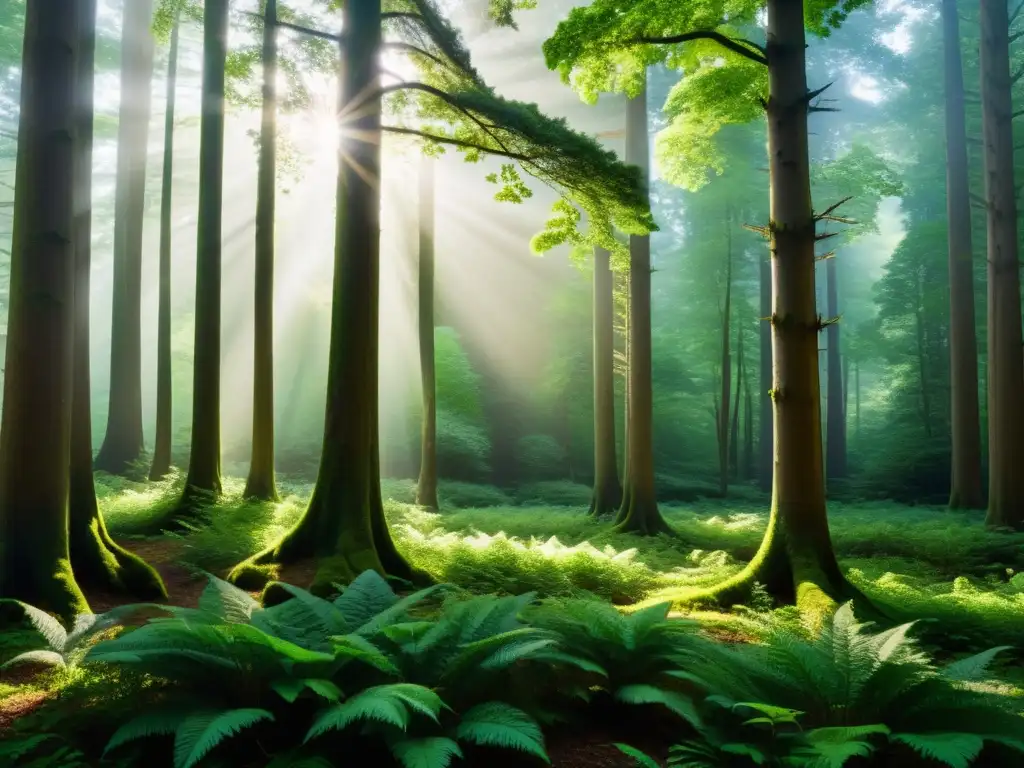 Imagen panorámica de un bosque sereno y virgen, con exuberante vegetación verde y luz filtrada, inspirando calma